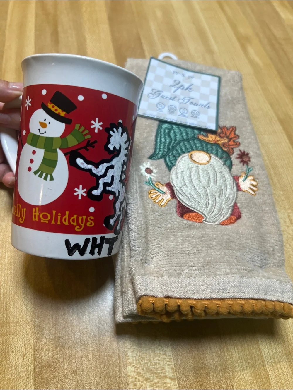 3093*Holiday Snowman WHT Horse Mug and Gnome Embroidered Towel Set - Red & Beige
